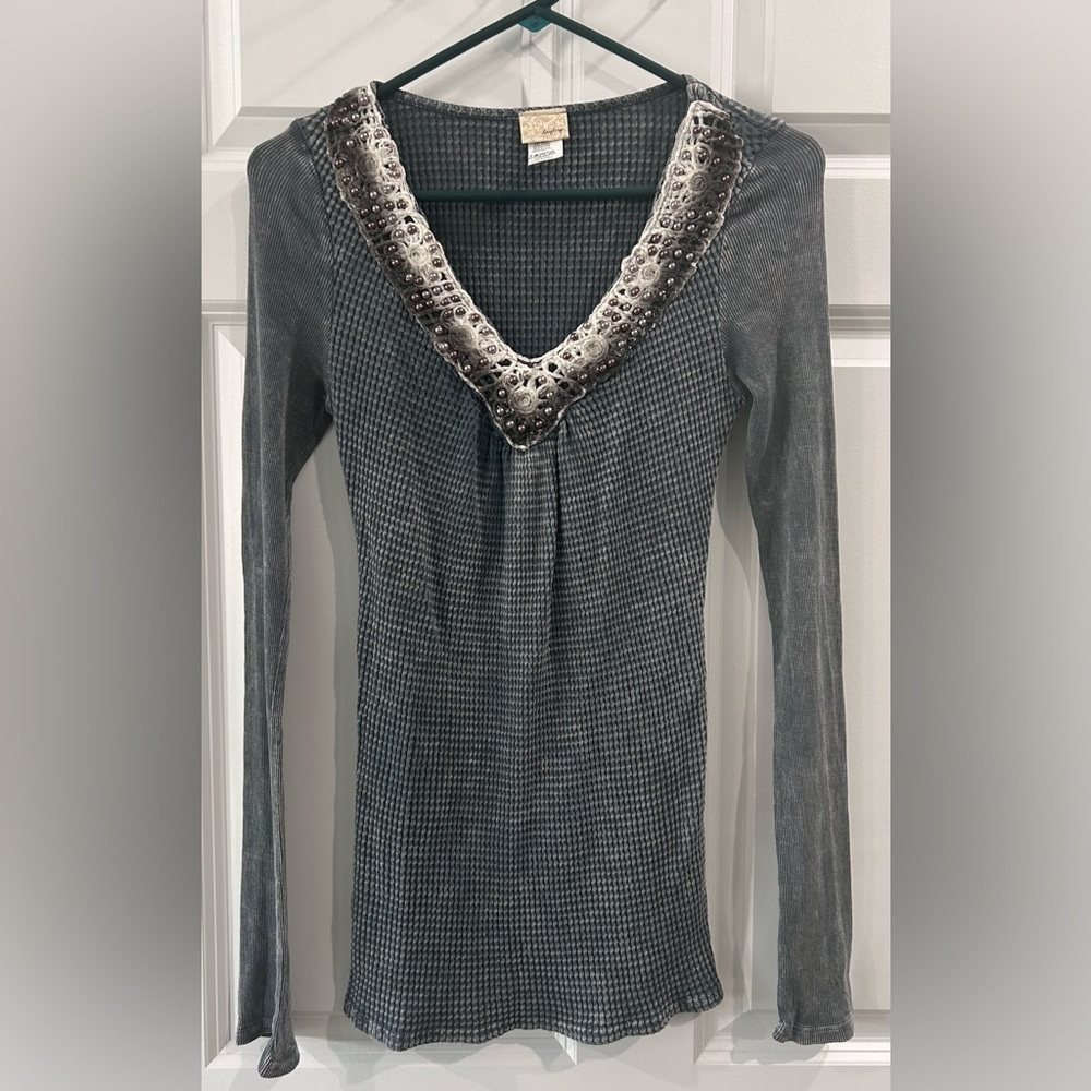 Daytrip Y2K Beaded Thermal Long Sleeve Fitted Top Sz L Charcoal Vtg Wash Crochet